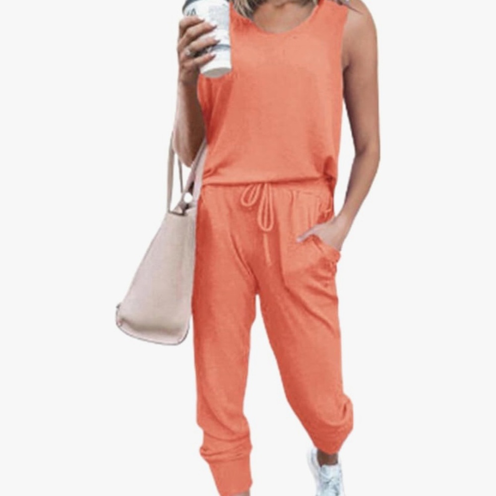 Orange Sleeveless Jumpsuit with Relaxed Fit and Tapered Cuffs